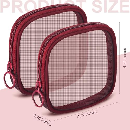 Fennec Mart 4pcs Mesh Makeup Pouch Small Cosmetic Bags for Women, 4.7" Square Nylon Mini Zipper Organizer for Lipstick, Coins, Toiletries, Accessories – Compact Travel Pouches for Purse & Bag (Maroon) - Image 2