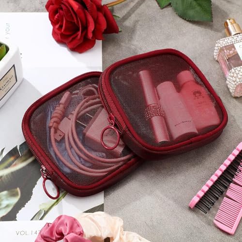 Fennec Mart 4pcs Mesh Makeup Pouch Small Cosmetic Bags for Women, 4.7" Square Nylon Mini Zipper Organizer for Lipstick, Coins, Toiletries, Accessories – Compact Travel Pouches for Purse & Bag (Maroon) - Image 4