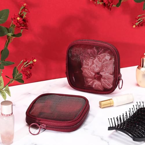 Fennec Mart 4pcs Mesh Makeup Pouch Small Cosmetic Bags for Women, 4.7" Square Nylon Mini Zipper Organizer for Lipstick, Coins, Toiletries, Accessories – Compact Travel Pouches for Purse & Bag (Maroon) - Image 5