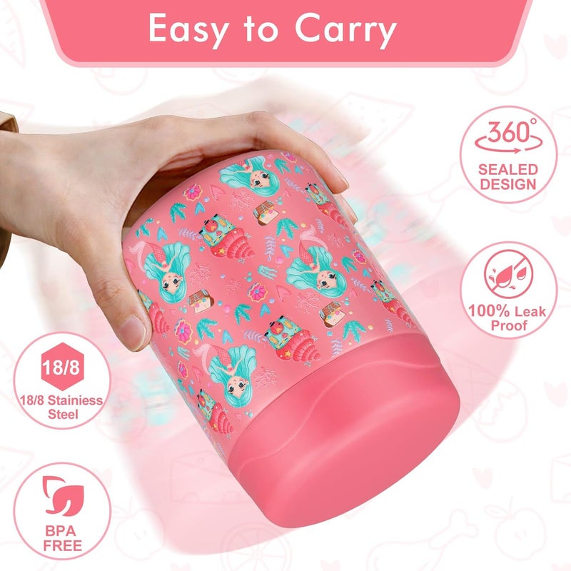 wiwens ترمس حساء من wiwens ��عة 12 أونصة للطعام الساخن للأطفال، وعاء طعام معزول واسع الفم، حاوية غداء مانعة للتسرب، من الفولاذ المقاوم للصدأ، صندوق بينتو مفرغ للهواء للمدرسة والمكتب والسفر والخارج - وردي-حورية البحر - Image 3