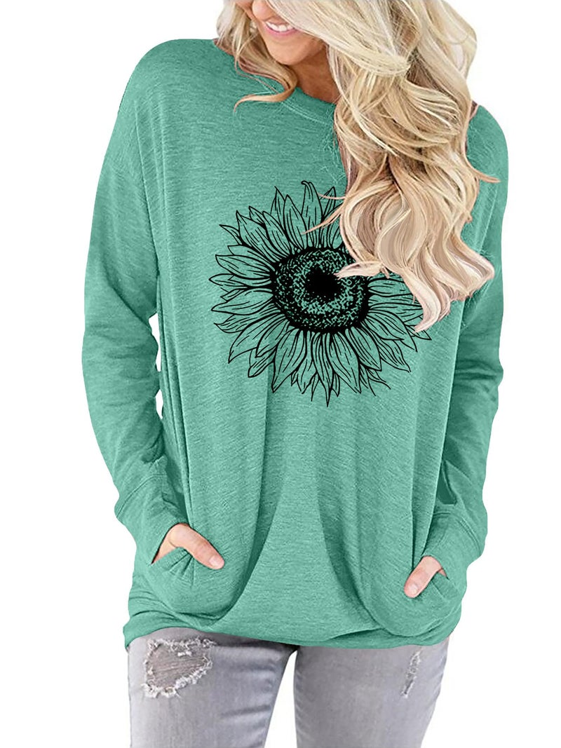 onlypuff Tops for Women Casual Loose Fit Pocket Shirts Graphic Fall Fashion Top Ladies Blouse Sweatshirts Teal XL - Image 2