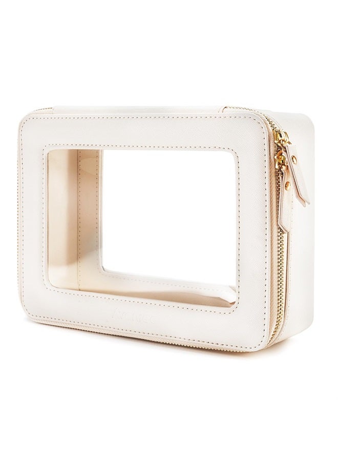 Large Makeup Bag Cosmetic bags, Travel Toiletry Bag for Women, Clear Make up Bag Case, Chic Makeup Pouch with Transparent Vinyl Windows & Gold Zippers(White)