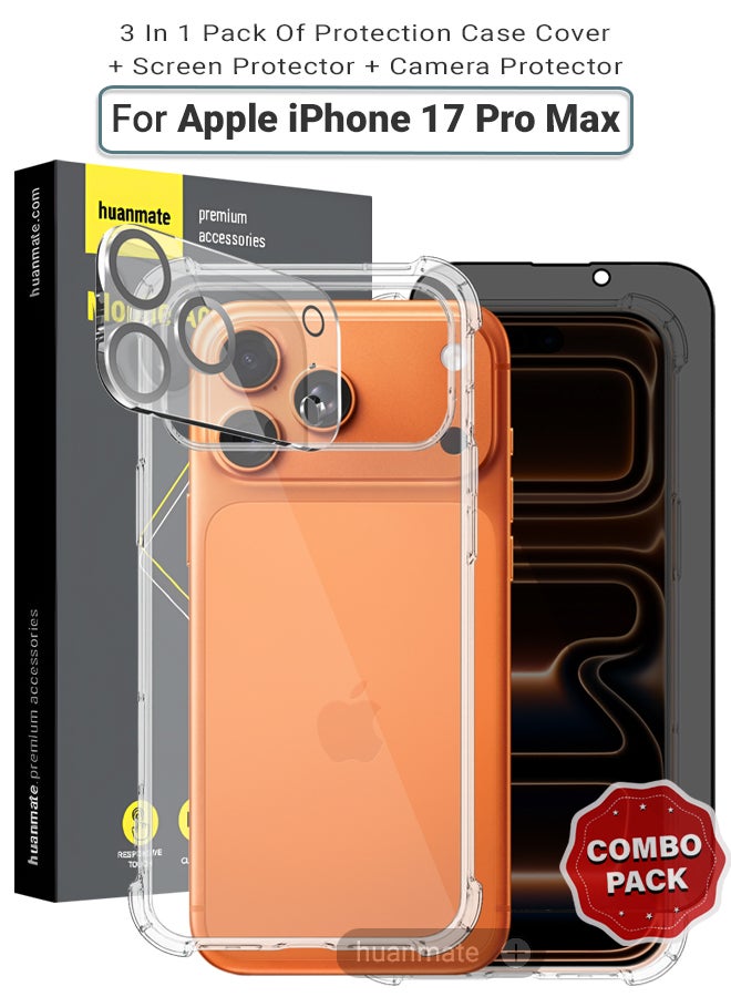 huanmate 3 in 1 Apple iPhone 17 Pro Max Protection Pack - Ultra Clear Shockproof Case, Anti-Peeping Privacy Glass Screen Protector & Camera Lens Protector, 360’ Protection, Easy Installation - Image 1
