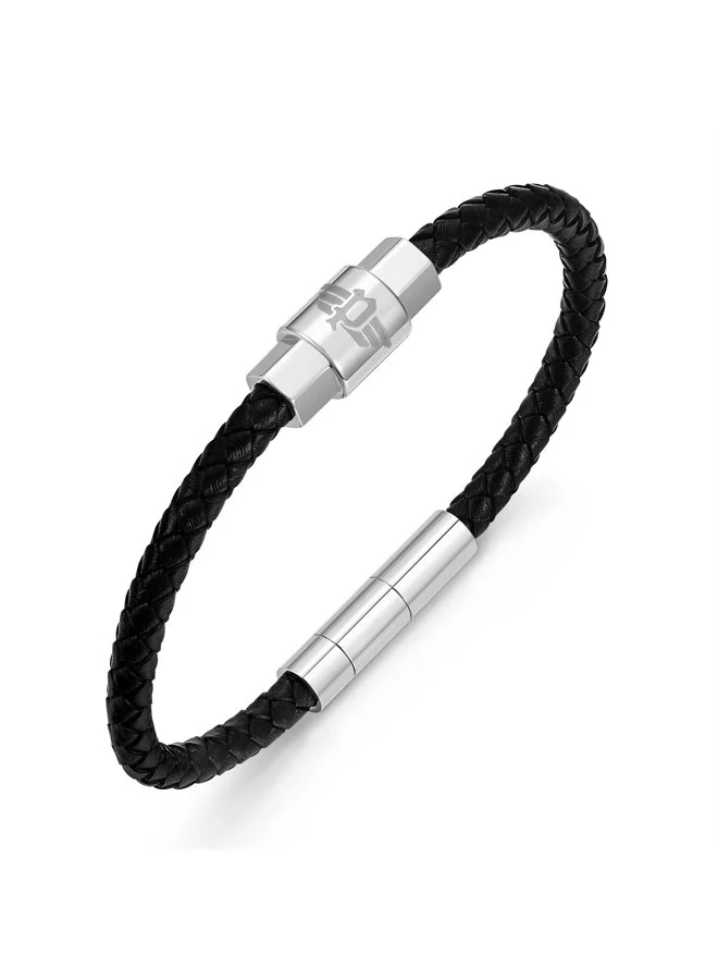 Police Geometric Metal Black Braided Leather Bracelet for Men