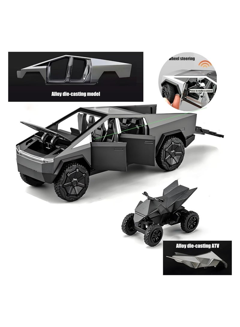 REZZOSS 1:24 Scale Tesla Cybertruck Diecast Metal Model Car Toy with Cyberquad ATV | Pull Back Vehicle with LED Lights & Sound | Collectible Pickup Truck Display | Birthday, Eid, Christmas Gift for Kids & Adults - Image 2