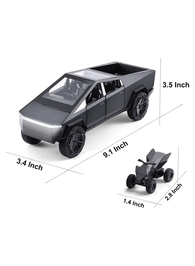 REZZOSS 1:24 Scale Tesla Cybertruck Diecast Metal Model Car Toy with Cyberquad ATV | Pull Back Vehicle with LED Lights & Sound | Collectible Pickup Truck Display | Birthday, Eid, Christmas Gift for Kids & Adults - Image 4
