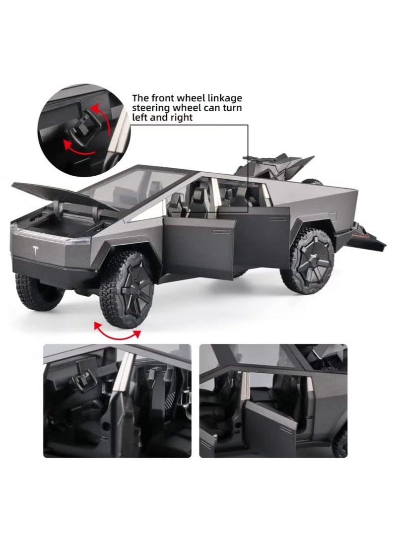 REZZOSS 1:24 Scale Tesla Cybertruck Diecast Metal Model Car Toy with Cyberquad ATV | Pull Back Vehicle with LED Lights & Sound | Collectible Pickup Truck Display | Birthday, Eid, Christmas Gift for Kids & Adults - Image 3