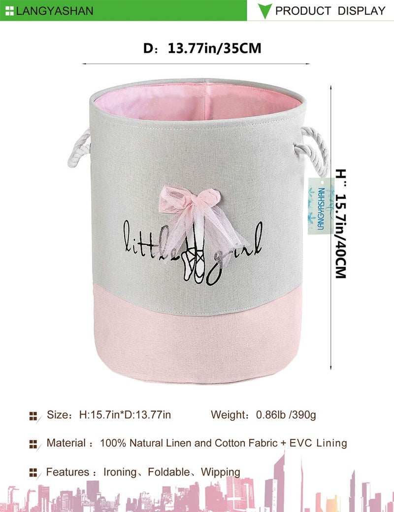 LANGYASHAN Laundry Basket Canvas Collapsible Organizer Storage Basket for Boys Girls Laundry Hamper Toy Bins Gift Baskets Bedroom Clothes Children Nursery (Pink Lace) - Image 2