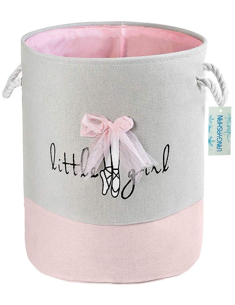 LANGYASHAN Laundry Basket Canvas Collapsible Organizer Storage Basket for Boys Girls Laundry Hamper Toy Bins Gift Baskets Bedroom Clothes Children Nursery (Pink Lace) - Image 1