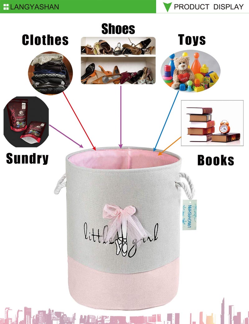 LANGYASHAN Laundry Basket Canvas Collapsible Organizer Storage Basket for Boys Girls Laundry Hamper Toy Bins Gift Baskets Bedroom Clothes Children Nursery (Pink Lace) - Image 3