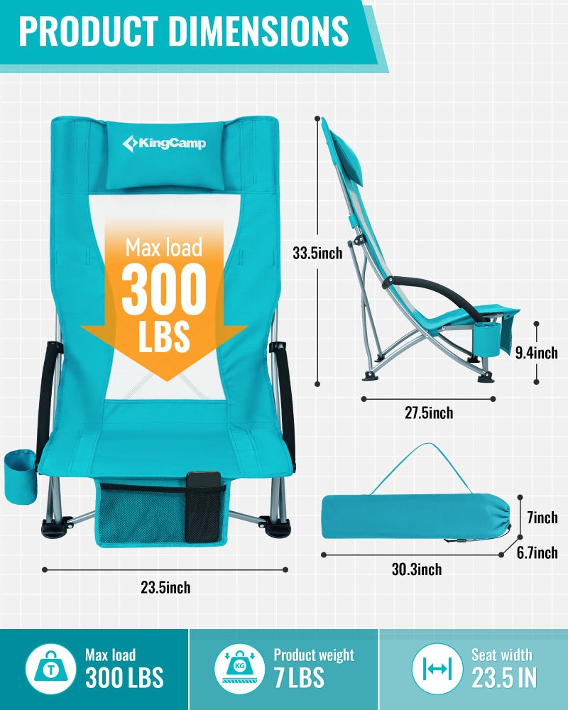 KingCamp Low Beach Chairs 2 Pack, Folding Portable Chair for Adults lightweight Extra Wide Ergonomic High Back Seat 300lbs Heavy Duty Oversized Gear with Carry Bag for Outdoor Lawn Camping Picnic - Image 2