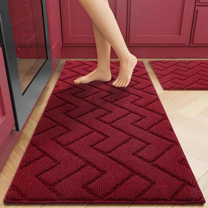 hicorfe Kitchen Rugs and Mats Sets,2 Pieces Super Absorbent Polypropylene Non-Slip Rug,Soft Comfort Floor Mat,Machine Wash for Kitchen,Hallway,Office,Sink,Laundry(20" x 32"+20" x 48",Red - Image 1