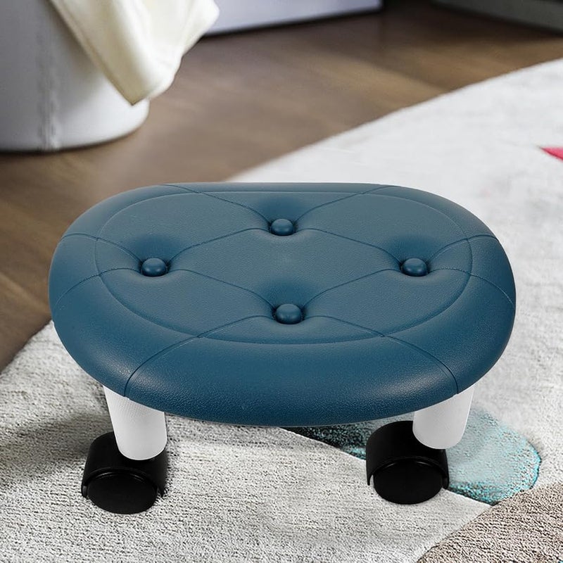 Blue Rolling Footstool with Wheels for Home Office Bedroom Anti Slip Small Stool - Image 3