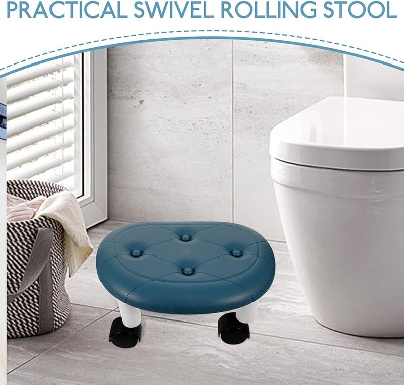 Blue Rolling Footstool with Wheels for Home Office Bedroom Anti Slip Small Stool - Image 5