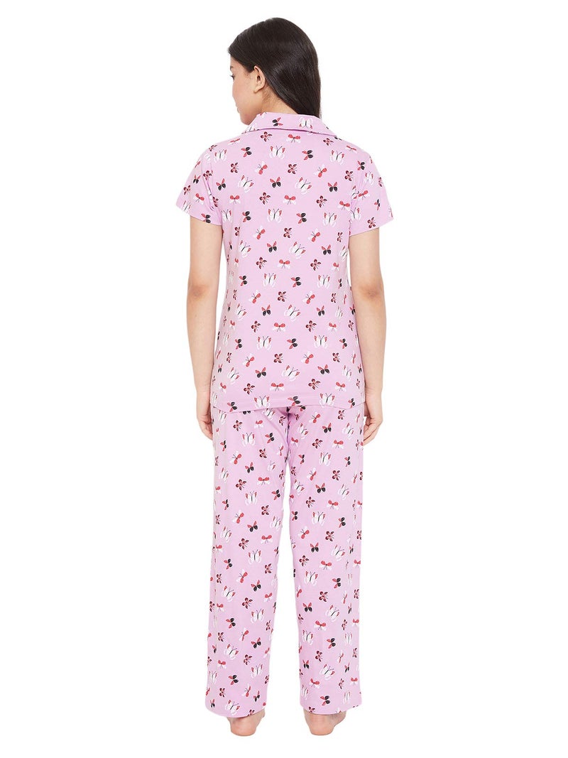 Clovia Women's Cotton Florals Printed Top & Pyjama Set (LS0025A12_Purple_S) - Image 4