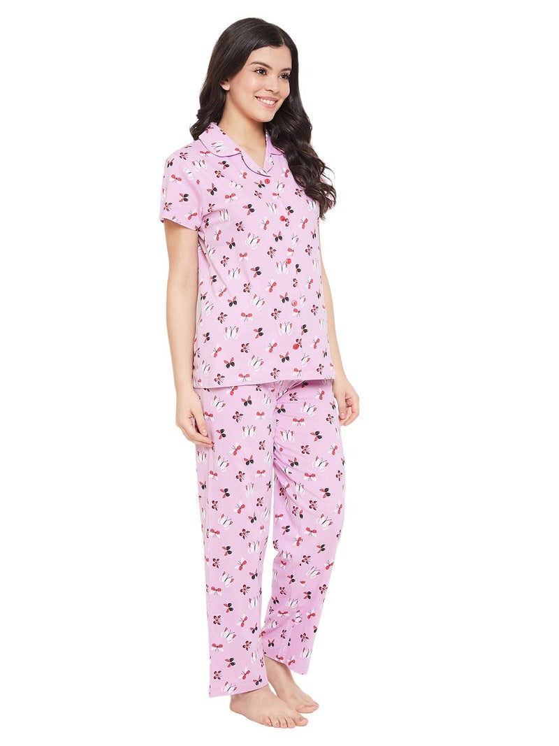 Clovia Women's Cotton Florals Printed Top & Pyjama Set (LS0025A12_Purple_S) - Image 3