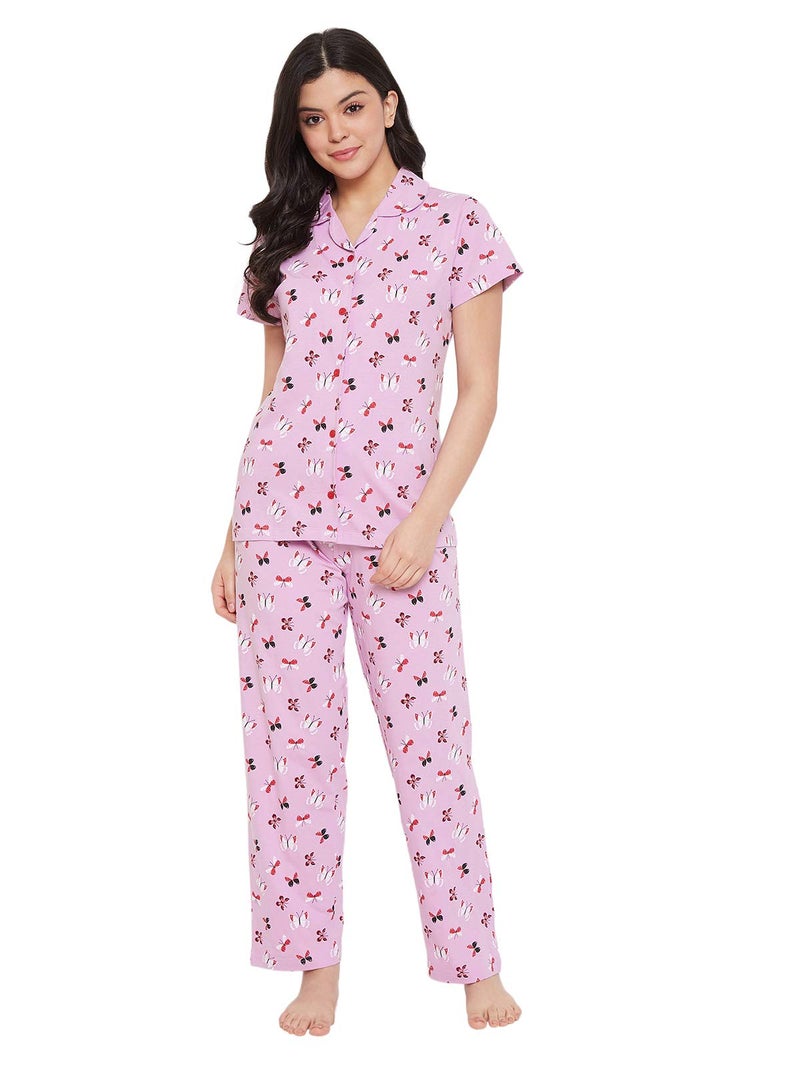 Clovia Women's Cotton Florals Printed Top & Pyjama Set (LS0025A12_Purple_S) - Image 1
