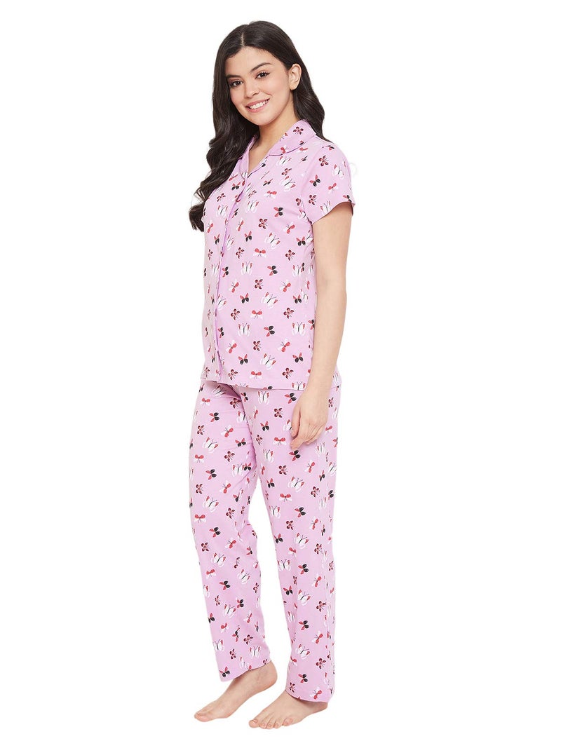 Clovia Women's Cotton Florals Printed Top & Pyjama Set (LS0025A12_Purple_S) - Image 2