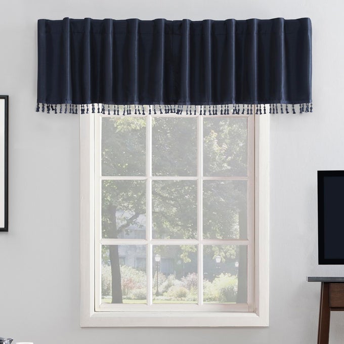 GREYSON FAUX DUPIONI SILK BEADED TASSELS THERMAL EXTREME TOTAL BLACKOUT BACK TAB CURTAIN VALANCE 50 X 17 NAVY BLUE