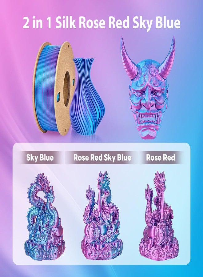 3Dgenius Silk Dual Color PLA Filament 1.75mm, 2-in-1 Coextruded Shiny Multicolor 3D Printer Filament, 250g(0.55lbs) Spool, Silk Rose Red/Sky Blue, Clog-Free & Bubble-Free for FDM 3D Printers - Image 4