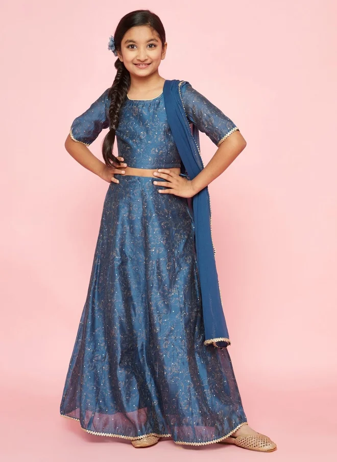 AKS Blue Printed Lehenga Choli With Dupatta For Girls