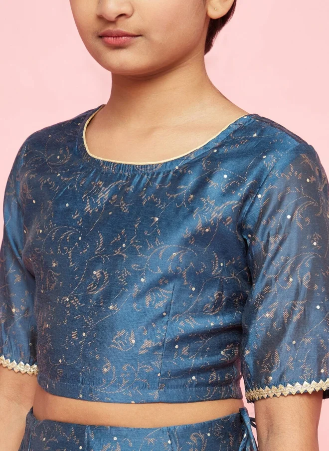 AKS Blue Printed Lehenga Choli With Dupatta For Girls