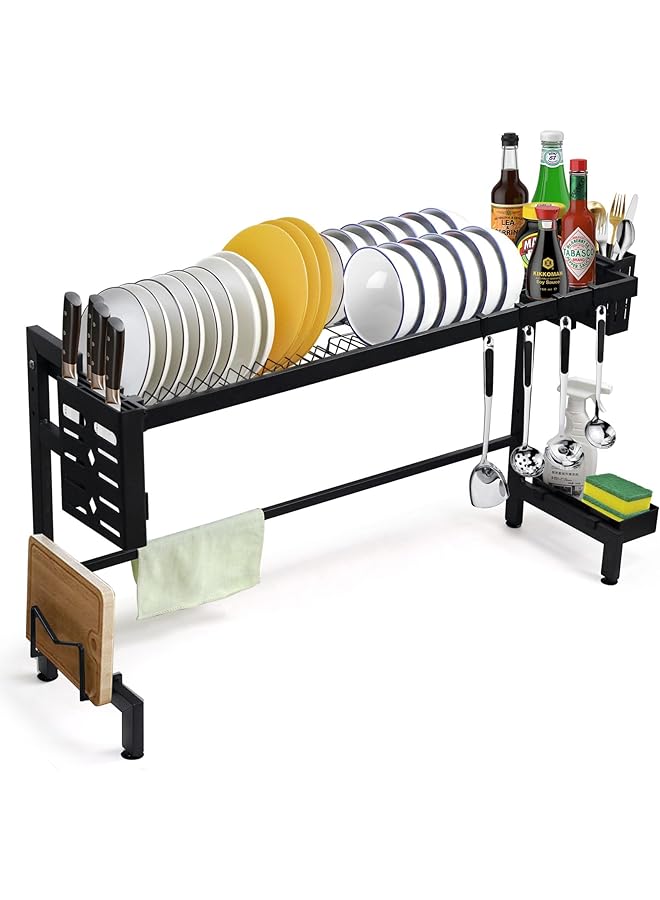 SKY-TOUCH Over The Sink Dish Drying Rack Stainless Steel Dish Drainer Suitable For 95Cm Sink Length With Drip Tray And Cutlery Basket Large Capacity For Kitchen Countertop Space Saving With Hooks Black - Image 1