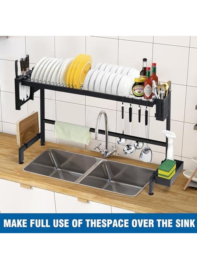 SKY-TOUCH Over The Sink Dish Drying Rack Stainless Steel Dish Drainer Suitable For 95Cm Sink Length With Drip Tray And Cutlery Basket Large Capacity For Kitchen Countertop Space Saving With Hooks Black - Image 2