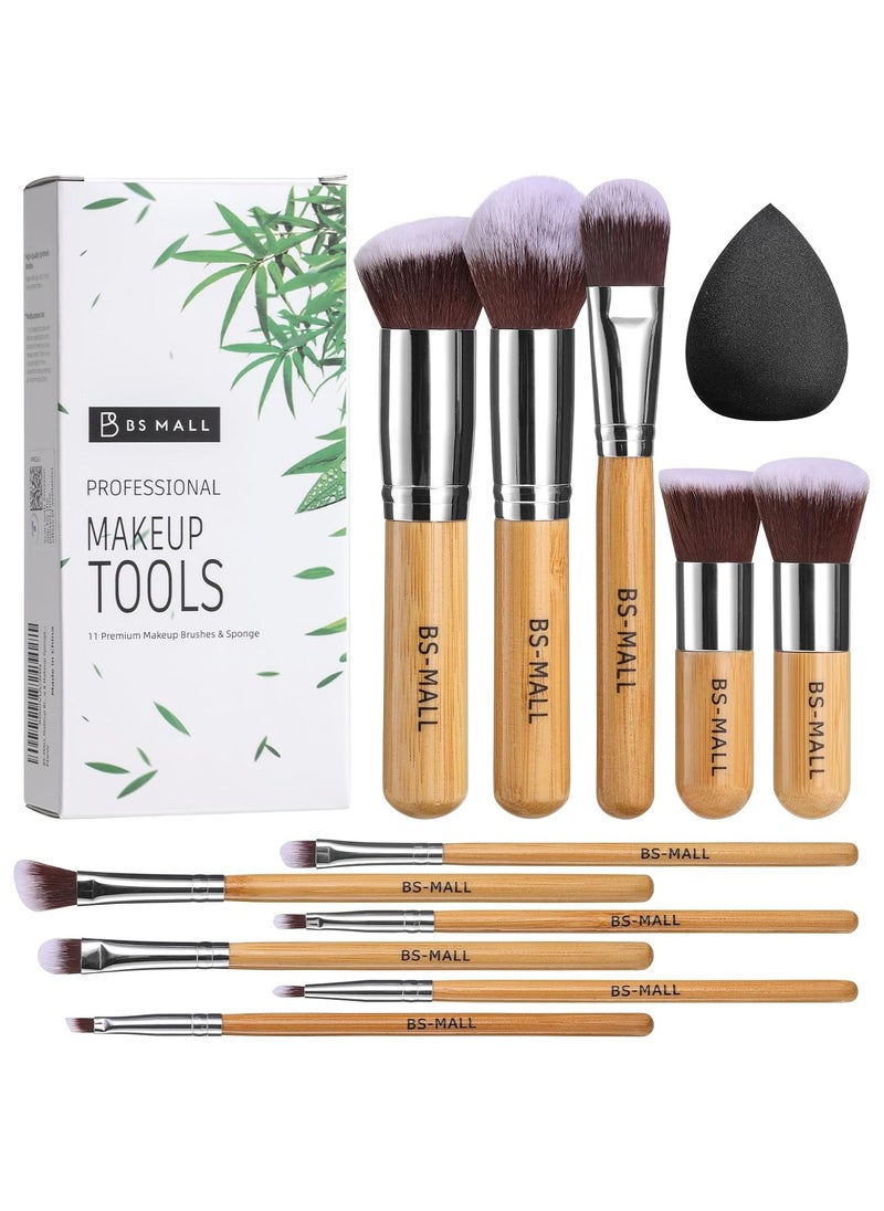 BS Mall BS-MALL Makeup Brush Set 11Pcs Bamboo Synthetic Kabuki Brush Set Foundation Powder Blending Concealer Eye Shadows Blush Cosmetics Brushes with Organizer Bag & Makeup Sponge  - Image 1