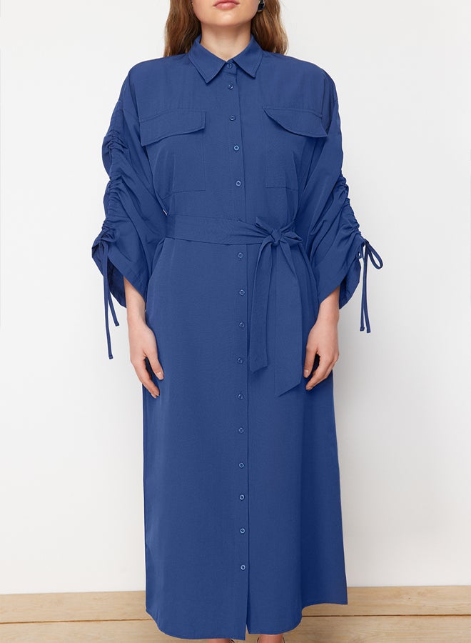 trendyol Saks Belted Cotton Woven Shirt Dress with Adjustable Sleeves Detail - Image 4