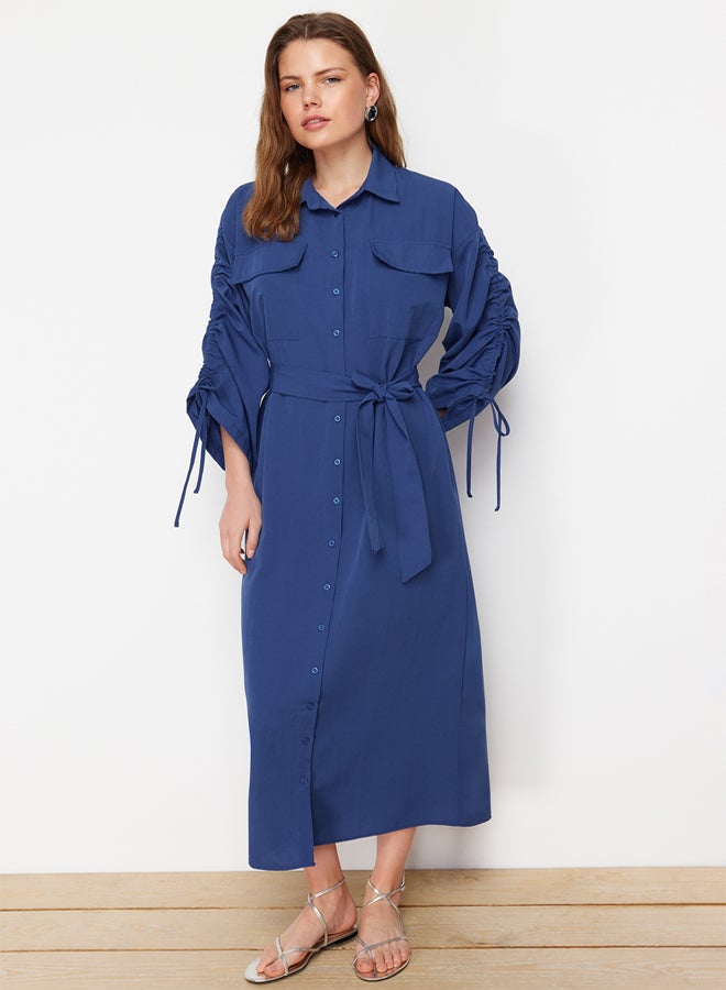 trendyol Saks Belted Cotton Woven Shirt Dress with Adjustable Sleeves Detail - Image 2