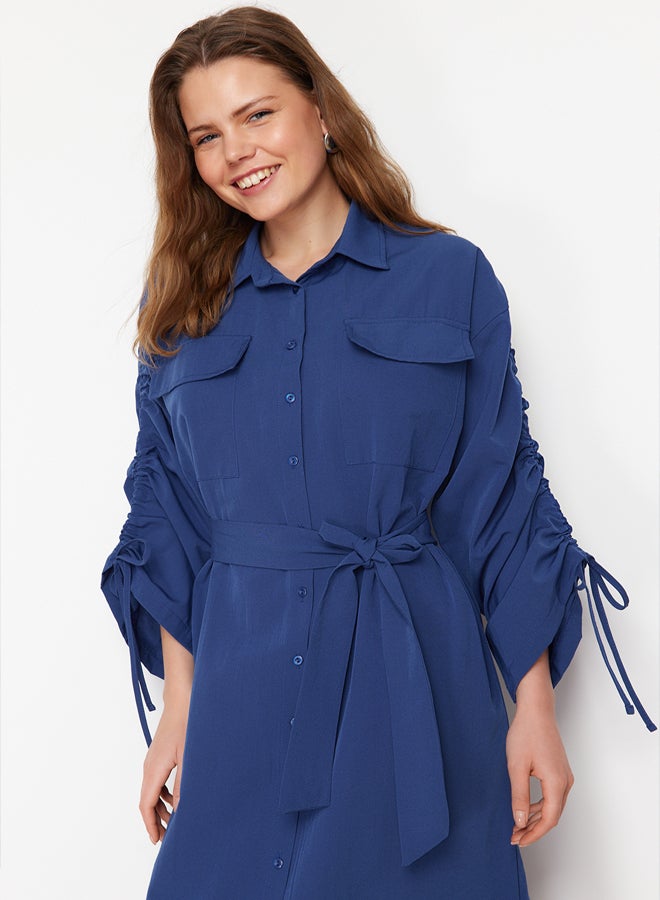 trendyol Saks Belted Cotton Woven Shirt Dress with Adjustable Sleeves Detail - Image 3