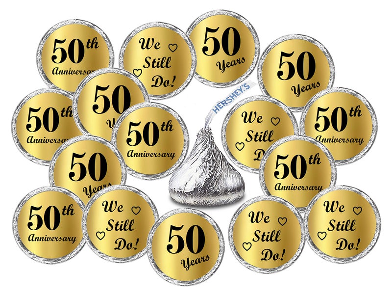 RokAPary Gold Foil 50th Anniversary Kisses Stickers Set of 216 Chocolate Drops Labels Stickers for 50th Wedding Anniversary Party Favors Decor for Kisses Made in USA