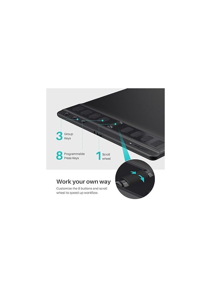PROMASS 2 Medium Drawing Tablet with Scroll Wheel 8 Customized Keys Battery-Free Stylus for Digital Art, Design, Sketch, 9x5inch Graphics Tablet Works with Mac, PC & Mobile, Black  - Image 2