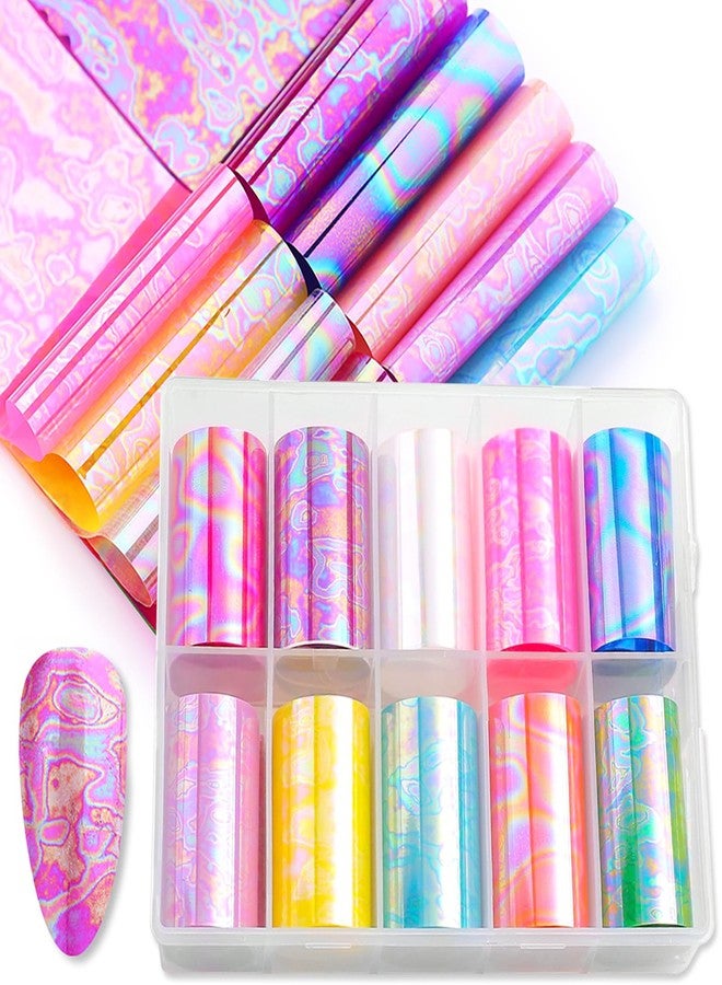 HYWWPFLAY 10 Rolls Neon Nail Foil for Nail Art Holographic Nail Transfer Foil Aurora Nail Stickers Decals Iridescent Nail Art Foils Design 3D Nail Decorations for Women - Image 1
