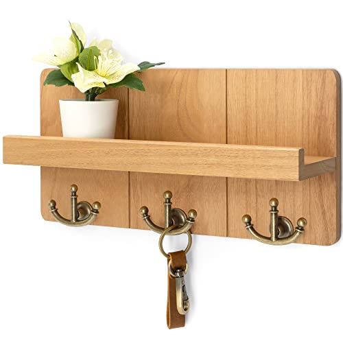 Rebee Vision Farmhouse Key Holder for Wall: Decorative Small Mail Organizer with Shelf and Rustic Mail Holder with 3 Anchor Key Hooks - Retro Home Decor Wall Mount for Entryway, Hallway (Light Brown) - Image 1