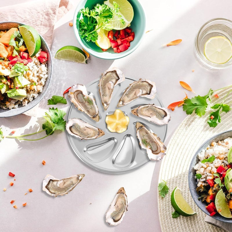 SOLUSTRE Oyster Plate Stainless Steel Oyster Shell Shaped Tray Food Plate for Grilling Seafood Scallops Lemons 2pcs Set - Image 5