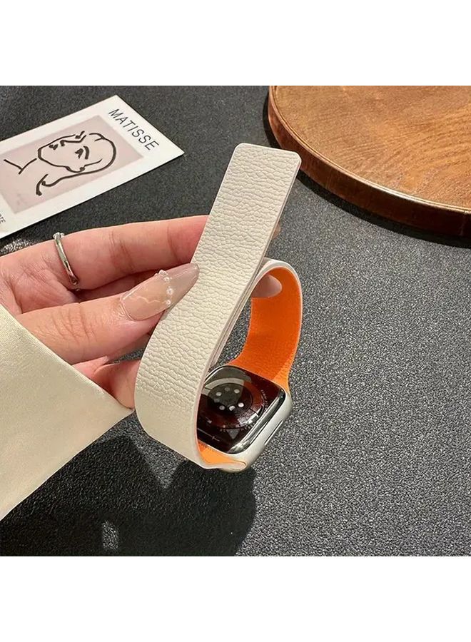 Lychee Pattern Magnetic Strap For 42 44 45 46 49mm Smartwatch Gray Orange Sports Band - Image 5