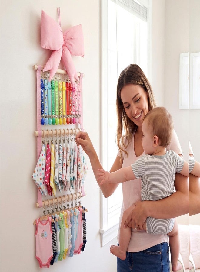 Sliner Pink Bow Baby Bibs Organizer Bow Holder for Girls Baby Neutral Pacifier Clip Organizer 3 Tier Cute Bandana Drool Burp Cloths Storage Display Hanging Decor for Nursery Newborn Infant Girls Room - Image 2