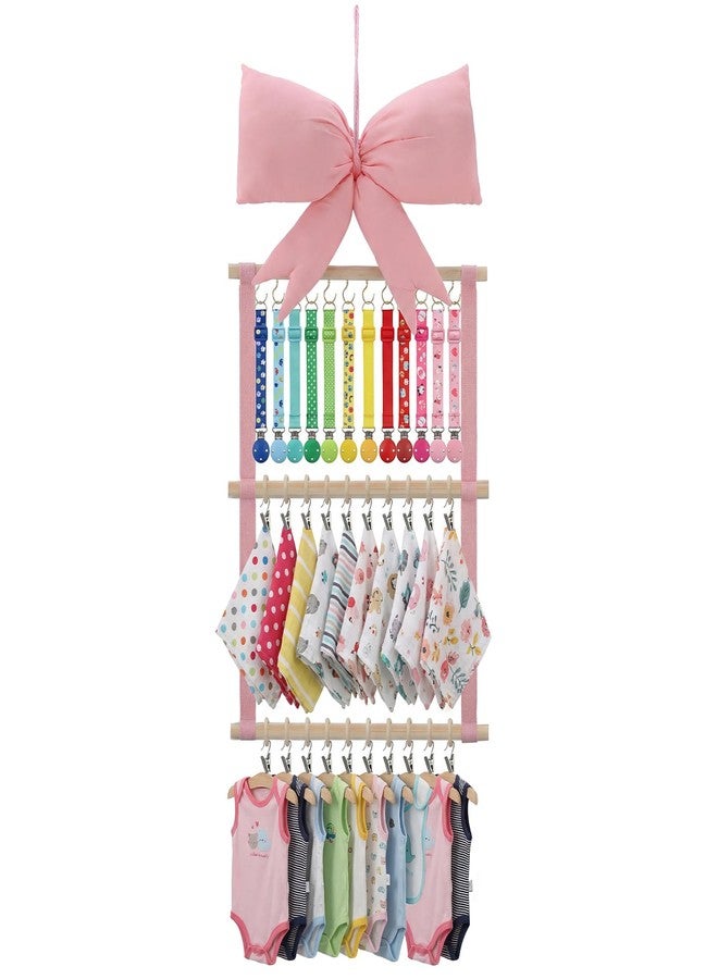 Sliner Pink Bow Baby Bibs Organizer Bow Holder for Girls Baby Neutral Pacifier Clip Organizer 3 Tier Cute Bandana Drool Burp Cloths Storage Display Hanging Decor for Nursery Newborn Infant Girls Room - Image 1