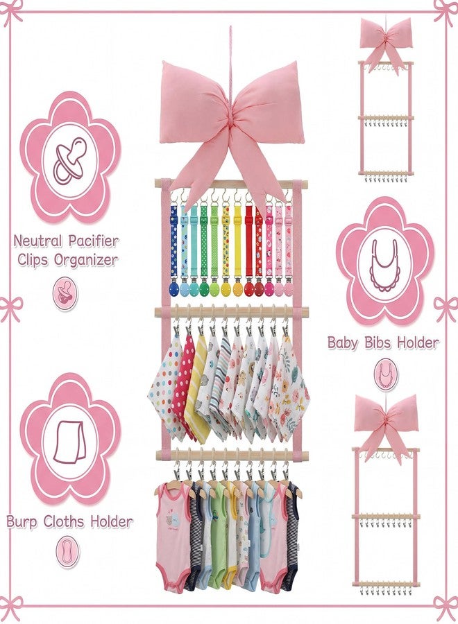 Sliner Pink Bow Baby Bibs Organizer Bow Holder for Girls Baby Neutral Pacifier Clip Organizer 3 Tier Cute Bandana Drool Burp Cloths Storage Display Hanging Decor for Nursery Newborn Infant Girls Room - Image 3