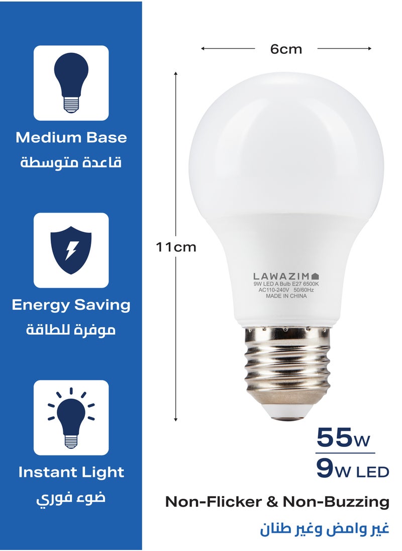 LAWAZIM - 9W LED Bulb A60 E27 - 4 Piece 6500K Daylight - Energy Saving 55W Equivalent Non-Dimmable Lightbulbs with 720 Lumens and a Lifespan of 15,000 Hours - for Home, Kitchen, and Bedroom Lighting - Image 1