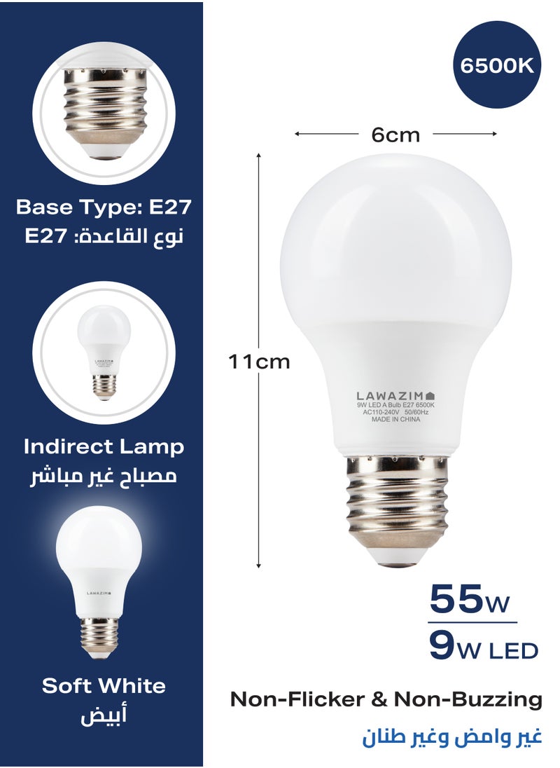 LAWAZIM - 9W LED Bulb A60 E27 - 4 Piece 6500K Daylight - Energy Saving 55W Equivalent Non-Dimmable Lightbulbs with 720 Lumens and a Lifespan of 15,000 Hours - for Home, Kitchen, and Bedroom Lighting - Image 1