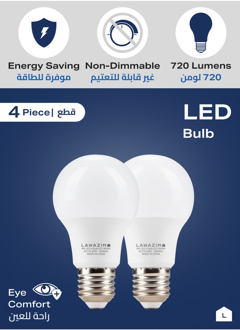 LAWAZIM - 9W LED Bulb A60 E27 - 4 Piece 6500K Daylight - Energy Saving 55W Equivalent Non-Dimmable Lightbulbs with 720 Lumens and a Lifespan of 15,000 Hours - for Home, Kitchen, and Bedroom Lighting - Image 1