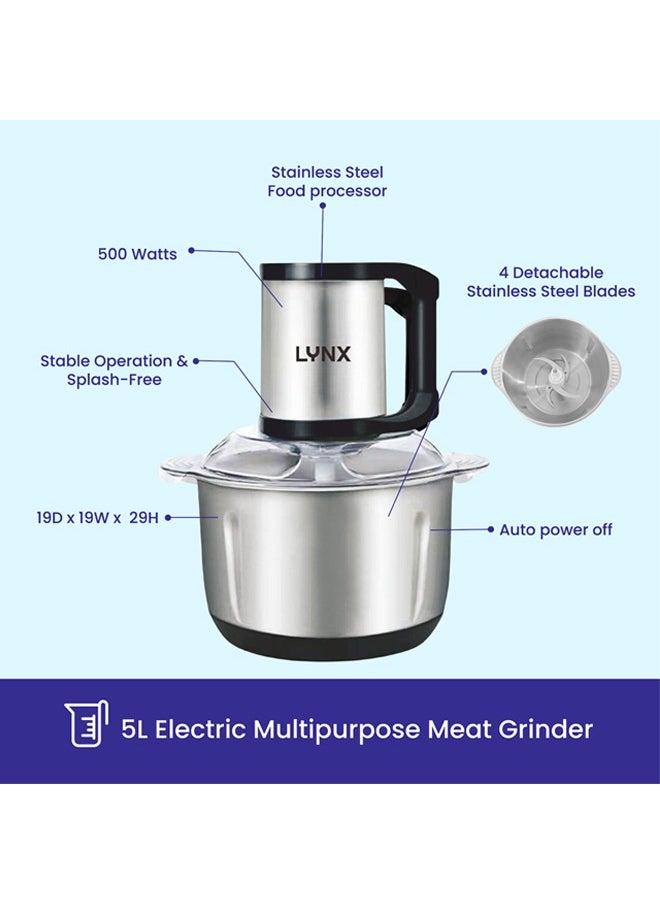 lynx - Lynx 5L Meat and Vegetable Chopper – 500W Powerful Copper Motor, 2 Adjustable Speeds, Stainless Steel Bowl, Quad Blade Design, Safety System, Non-Slip Base, Low Noise – LY-CH-5005 - Image 1