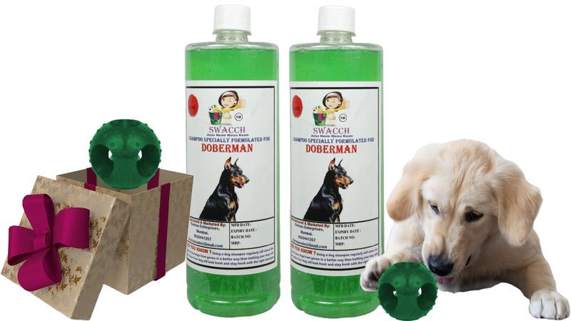 Swacch Pet Shampoo | Puppy Safe Shampoo | PH Balanced | Ditch to Itch for Doberman Dog Shampoo 2 Litre (Neem Alovera) + Goofy Ball Chew Toy Combo Pack - Image 1