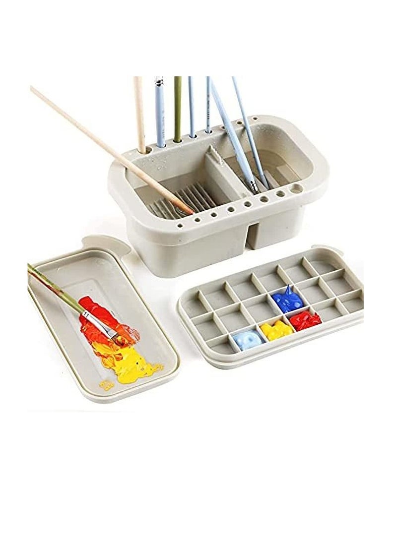 Multi Use Paint Brush Basin with Brushes Holder Washer Trays Palette Box Artist Cleaner Cup for Watercolor Oil Acrylic Gouache Painting Lid - Image 1