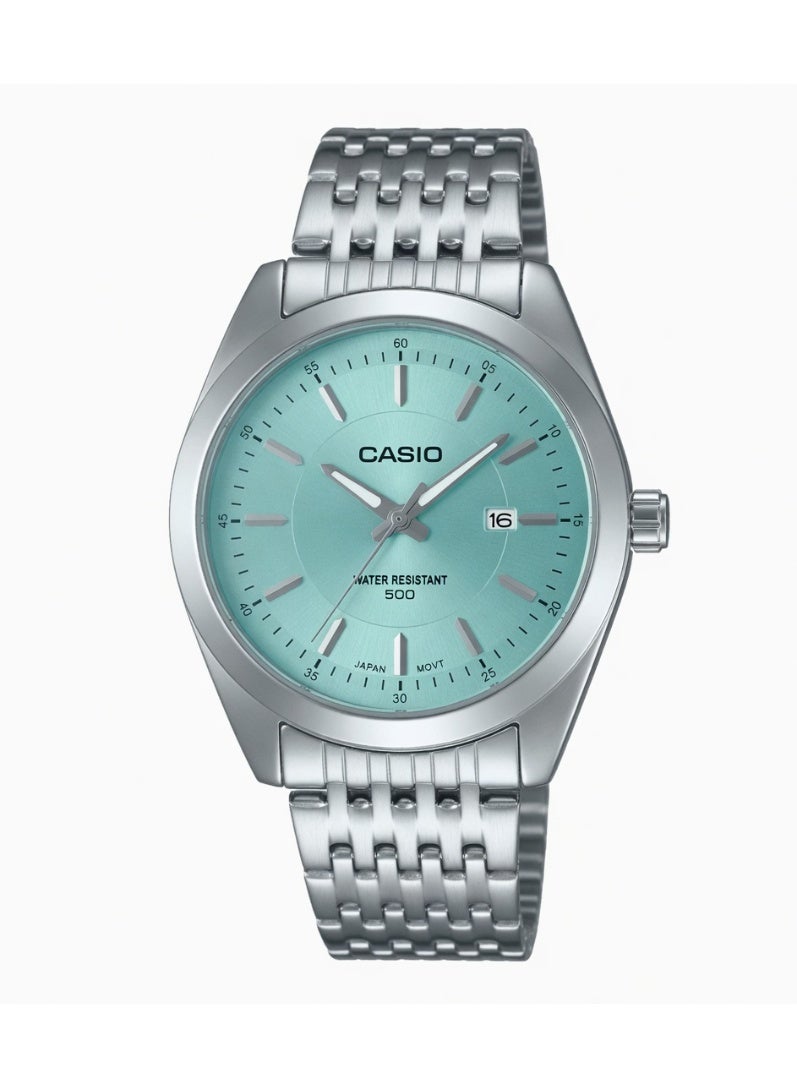 Casio Men's Classic Analog Watch - Turquoise Dial, Stainless Steel Jubilee Style Band - MTP-1302D-2A2