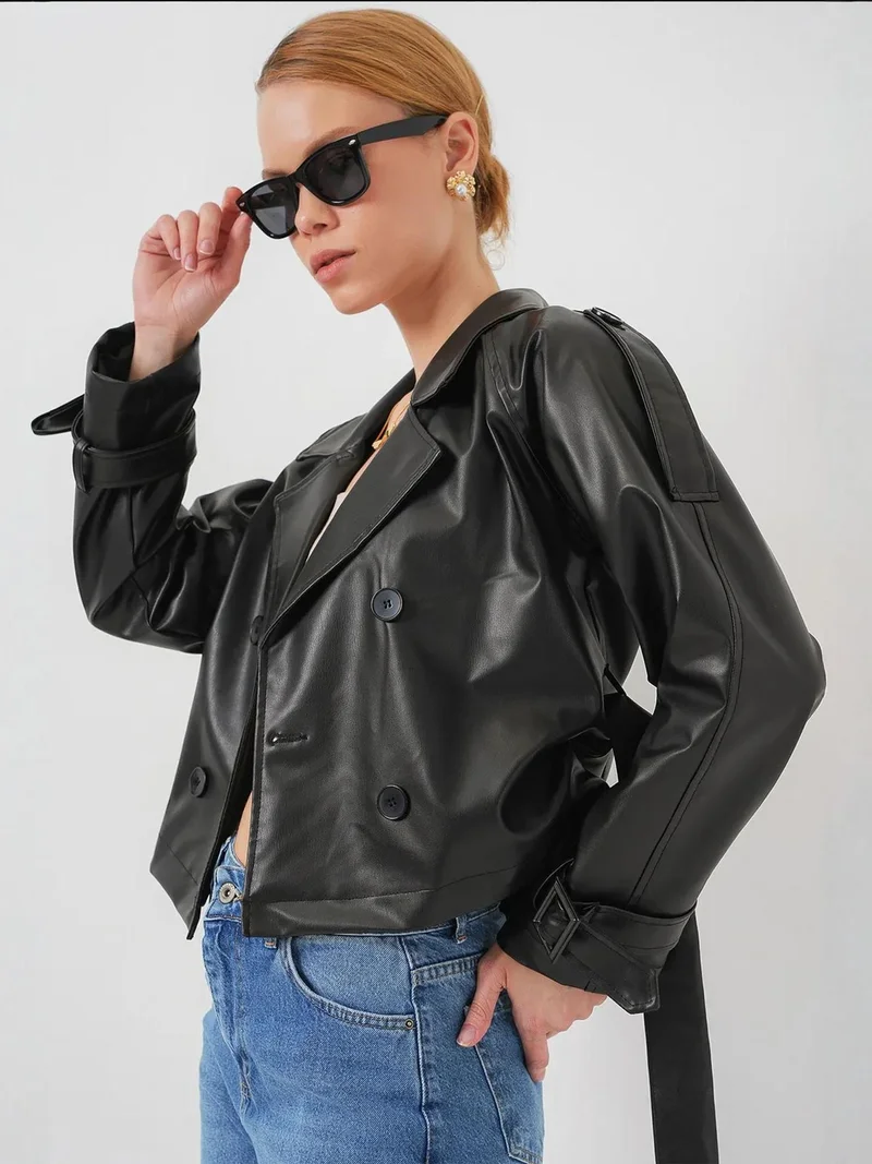 بيغ دارت BDART Fitted Crop Faux Leather Bomber Jacket with Bow