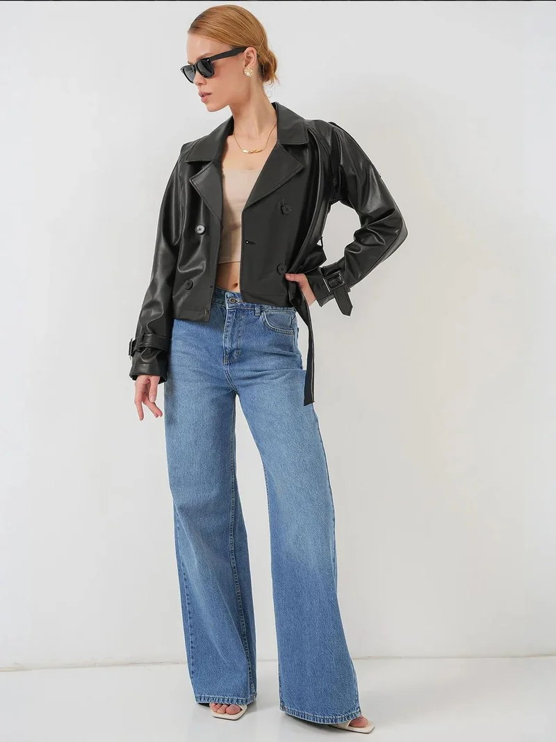 بيغ دارت BDART Fitted Crop Faux Leather Bomber Jacket with Bow